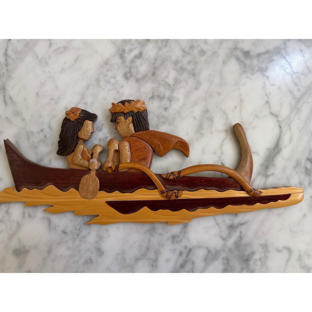 Aloha Wood Art Paul Le Hawaiian Outrigger Canoe Couple Intarsia Wall Plaque 11.5